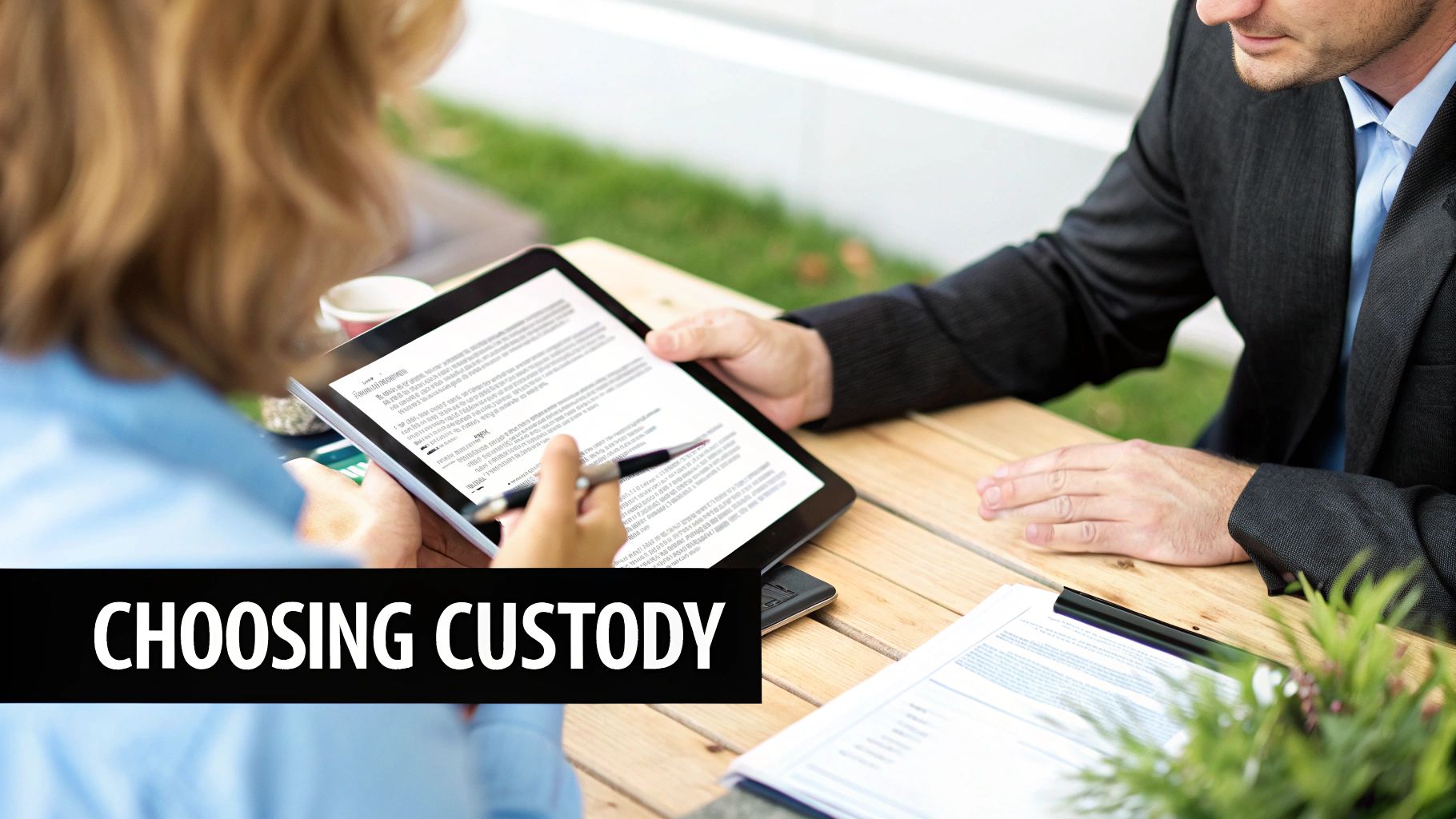 Two people discussing documents on a tablet outdoors, with one pointing to the screen, related to custody.
