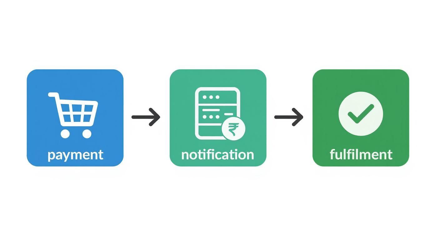 Payment to notification to fulfillment workflow diagram showing three stages of IPN process