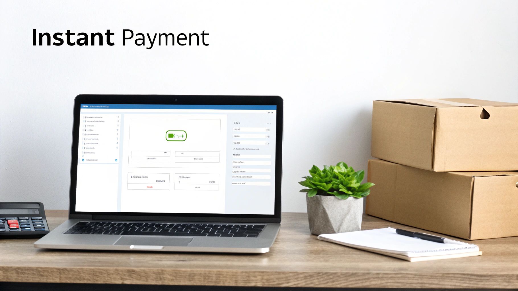 Laptop displaying an 'Instant Payment' interface on a wooden desk with a calculator, plant, and shipping boxes.