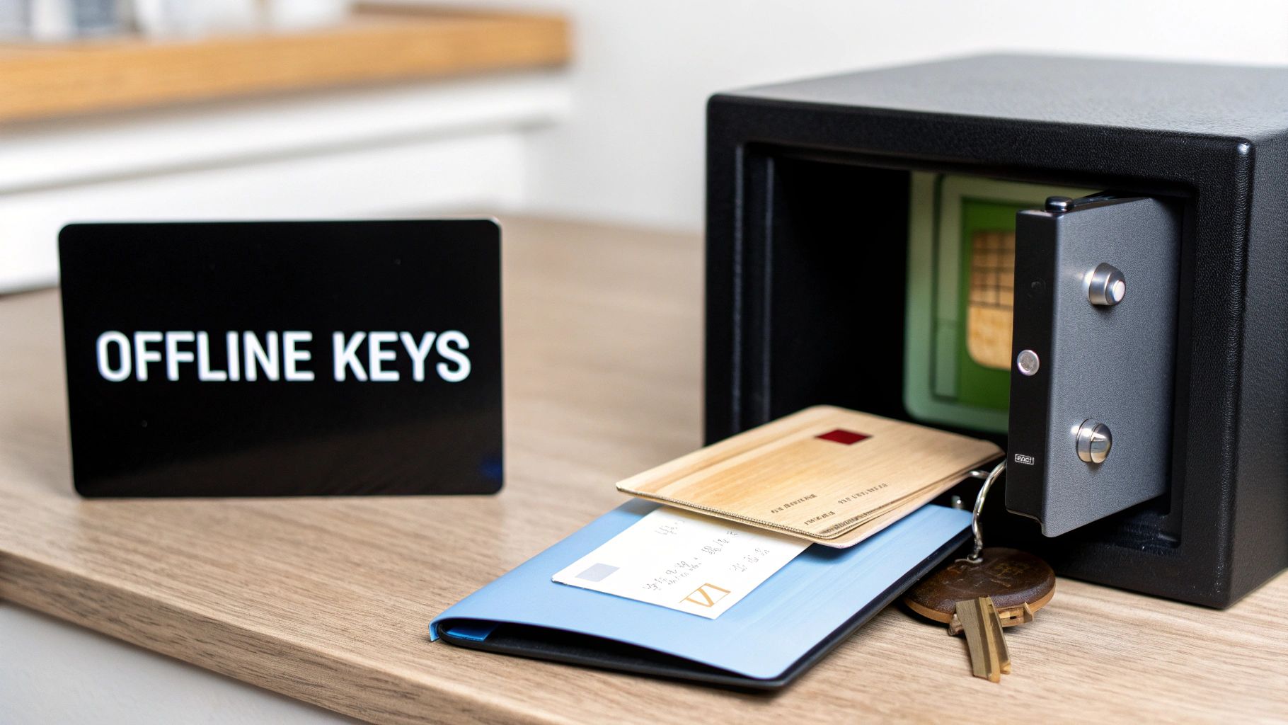 A black safe, cards, and keys are on a wooden table, next to a sign "OFFLINE KEYS".