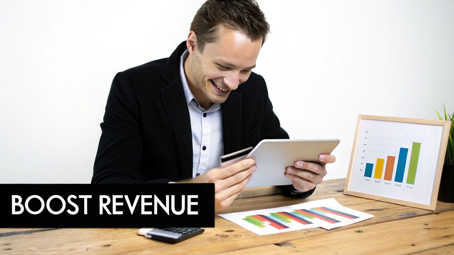 A smiling man using a tablet and holding a credit card, with financial charts and 'BOOST REVENUE' text.