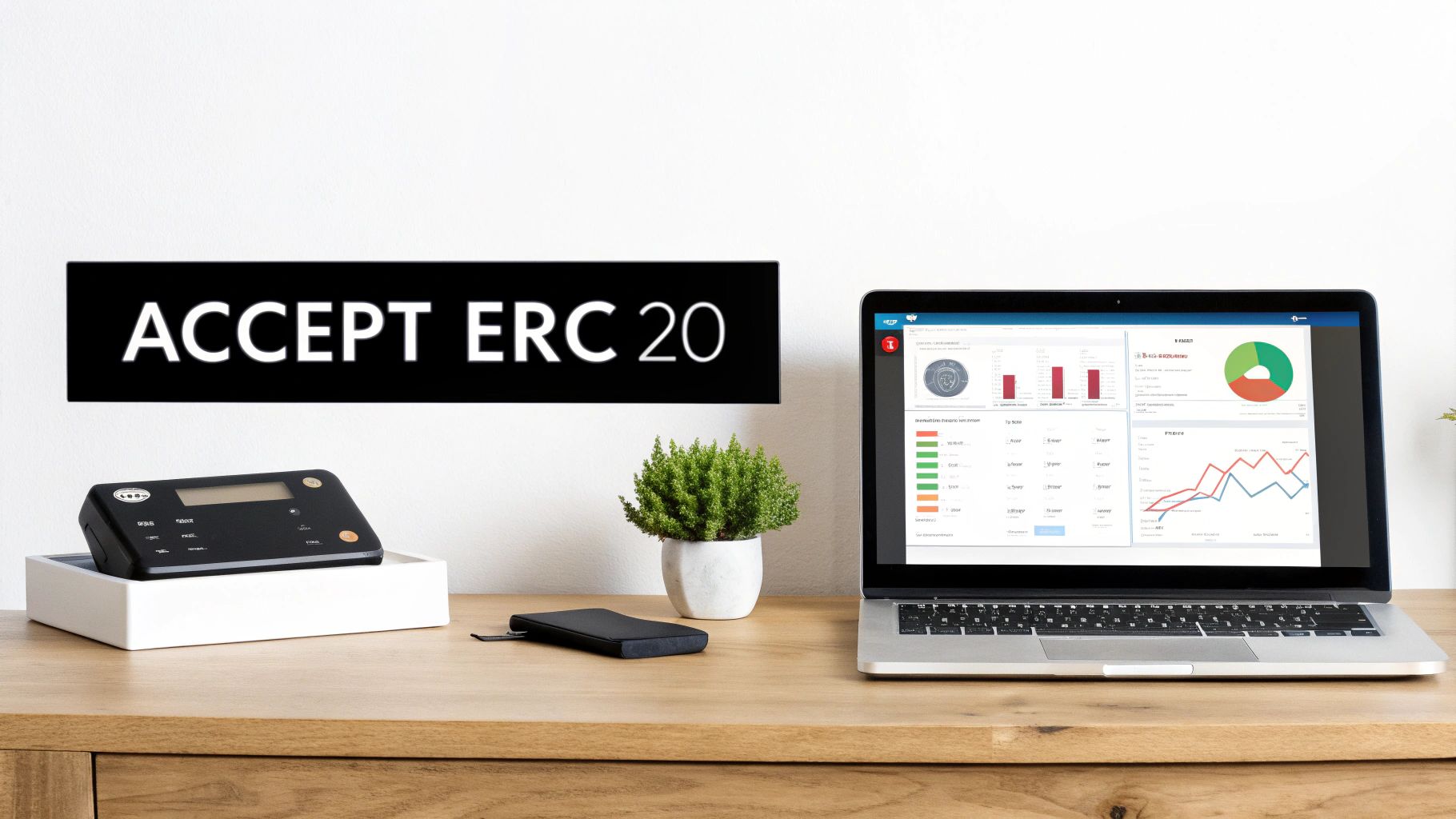A modern desk with 'ACCEPT ERC 20' sign, a laptop displaying financial charts, and crypto hardware.