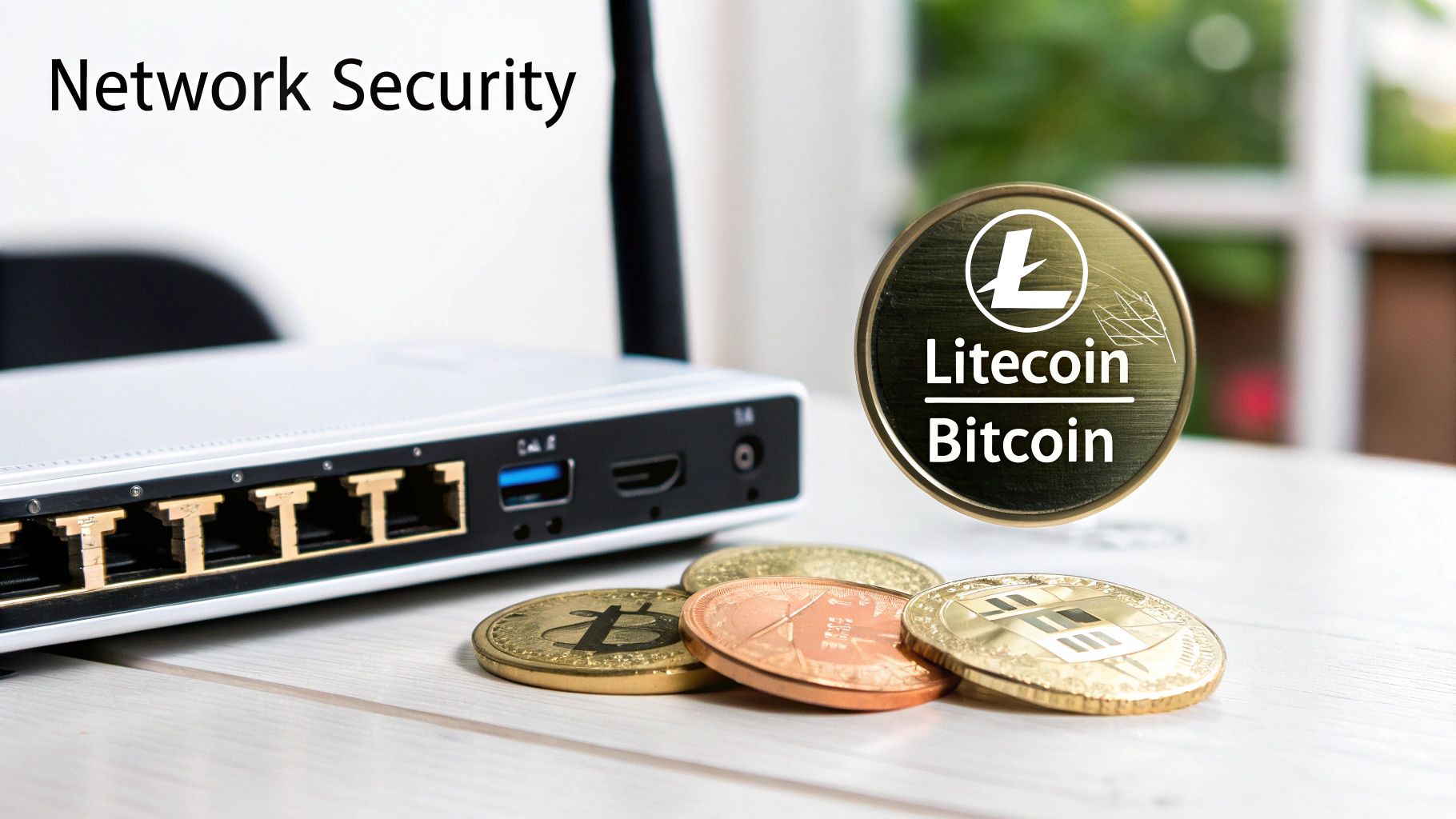 A network router with antennas next to physical Bitcoin and Litecoin cryptocurrencies, illustrating network security.