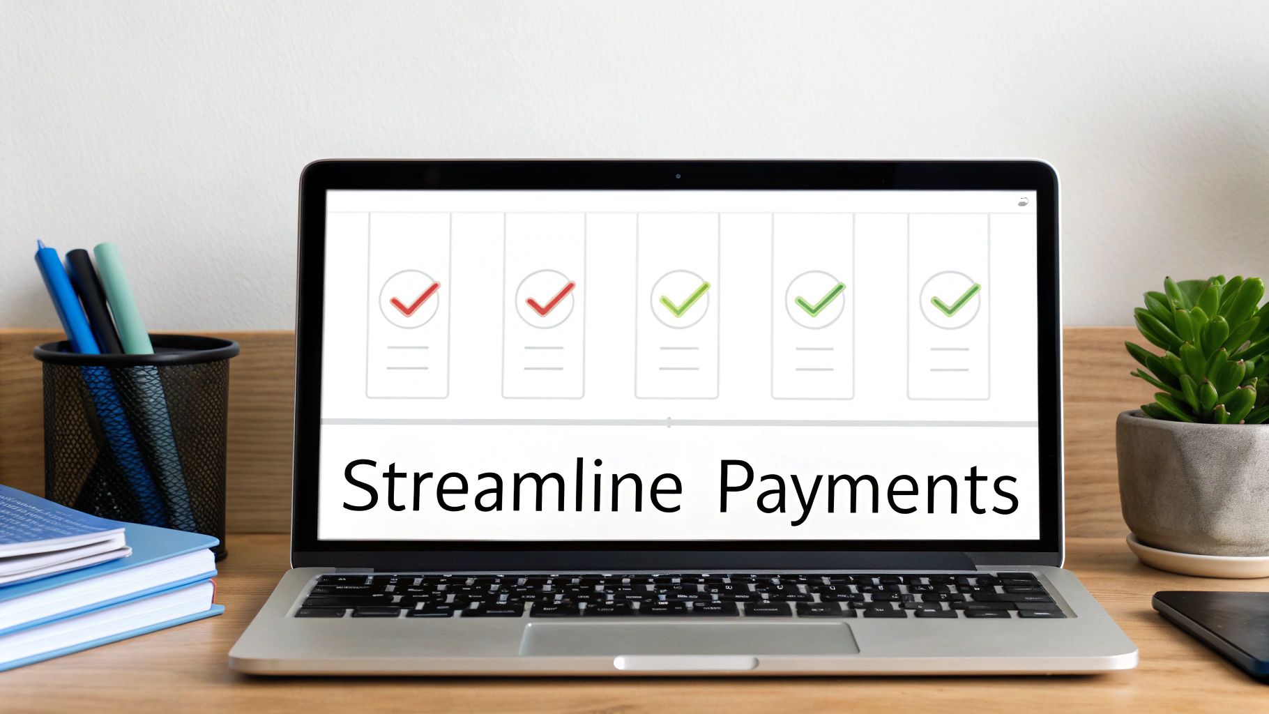 Laptop on a wooden desk displaying 'Streamline Payments' and progress checkmarks.