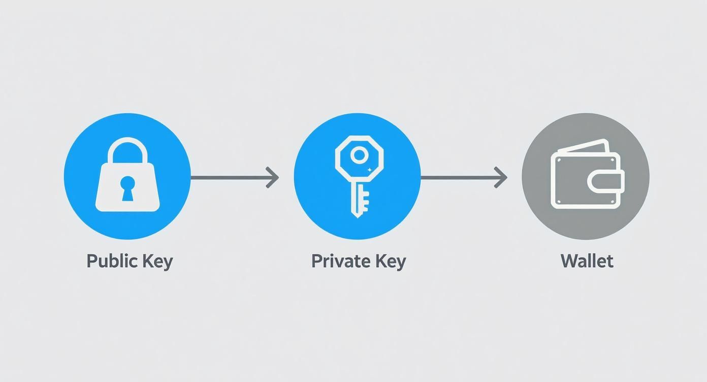 Diagram showing the relationship between a Public Key, Private Key, and Wallet in cryptocurrency.