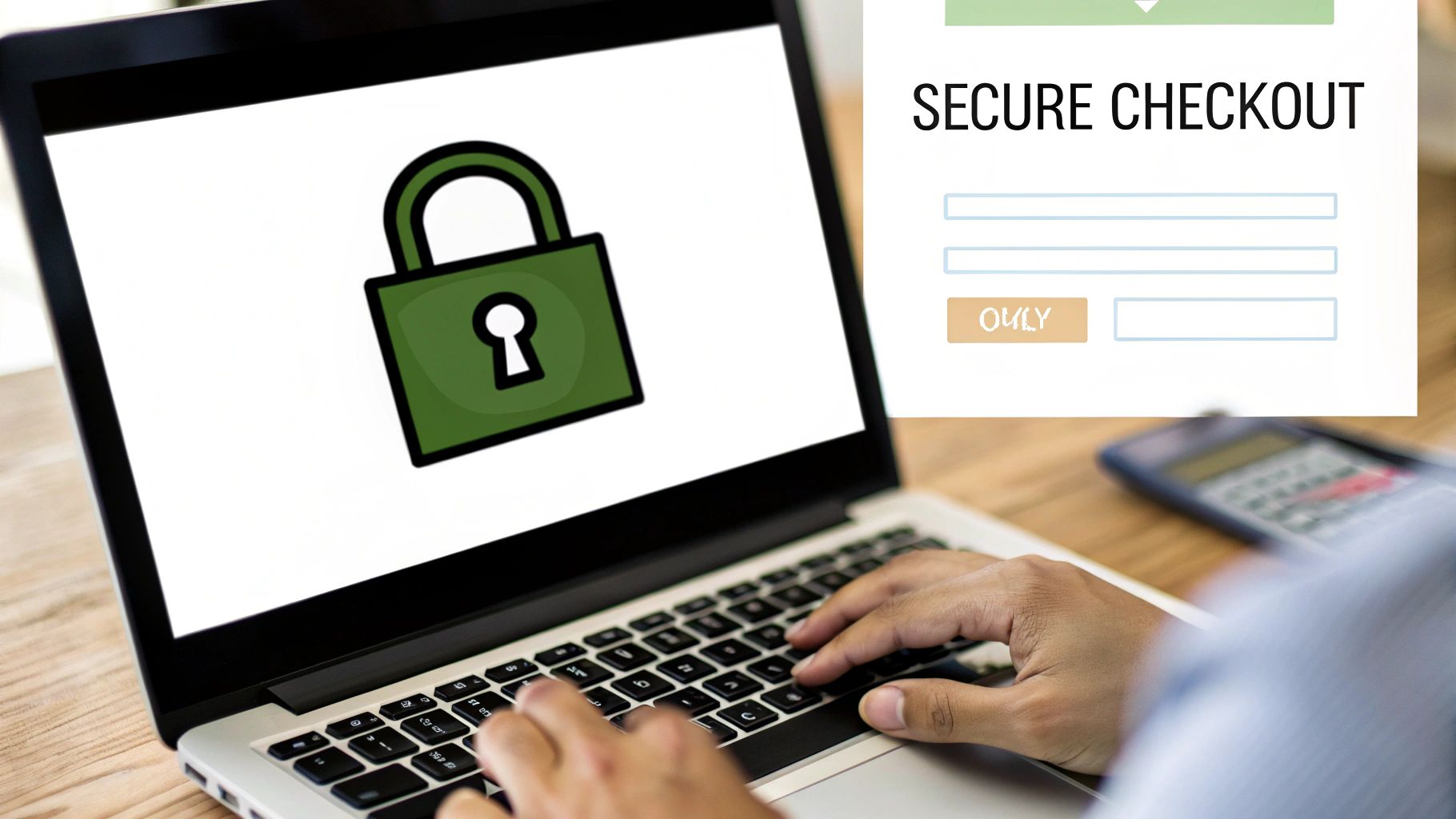A person working on a laptop with a padlock icon floating above, symbolizing website security
