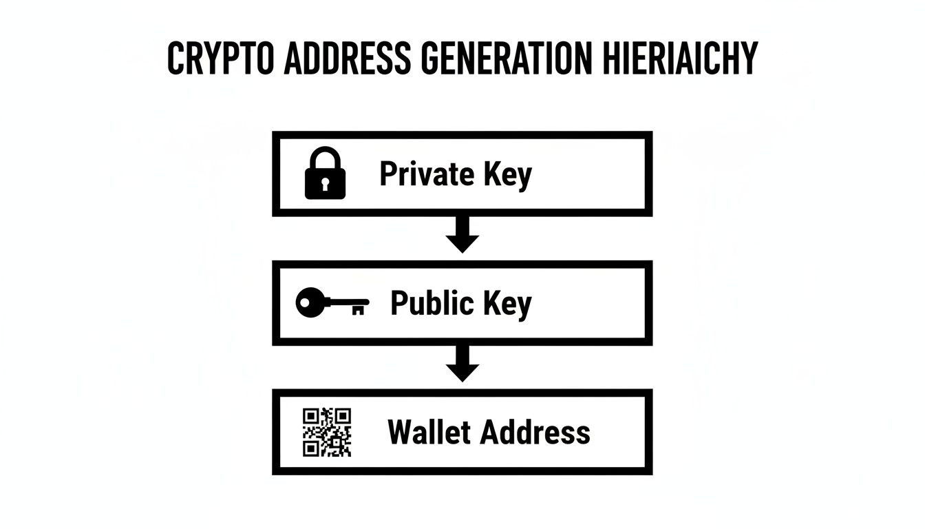 A hierarchical diagram illustrating crypto address generation from a private key to a public key and wallet address.