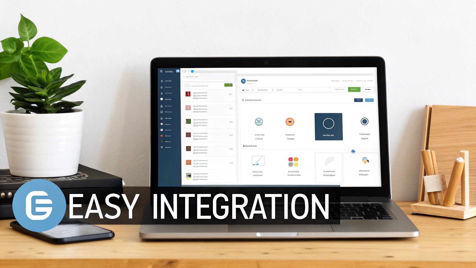 A laptop on a wooden desk displays a software interface with a plant, phone, and "Easy Integration" text.