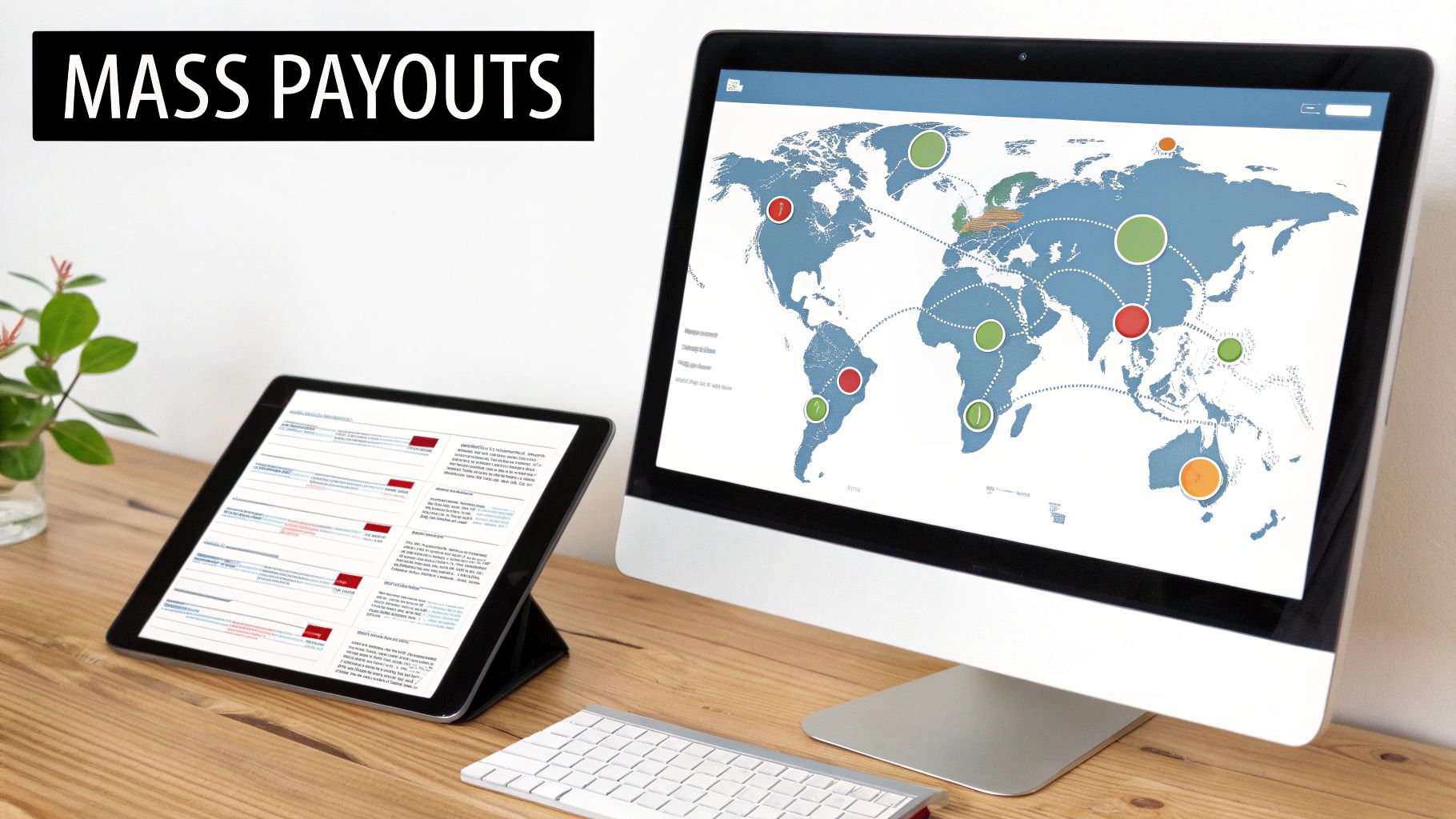 A desktop computer and tablet on a wooden desk, displaying global payouts and financial data.