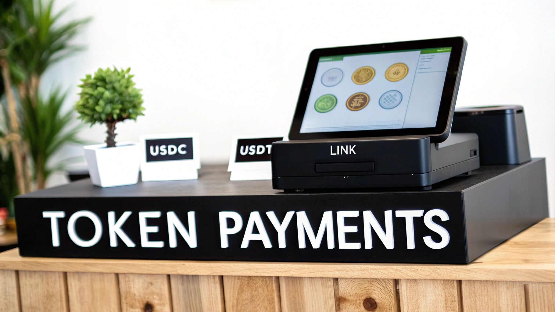 A display featuring a cryptocurrency payment terminal with USDC, USDT, and LINK tokens.