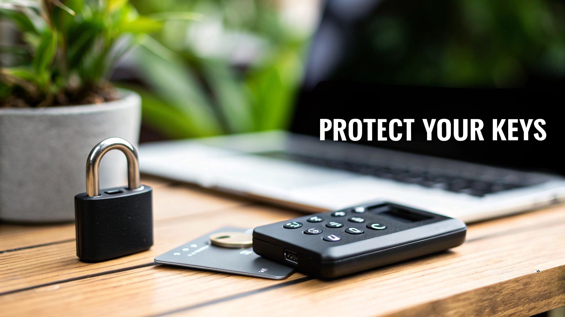 A desk with a padlock, crypto wallet key, and security token, with a laptop displaying 'Protect Your Keys'.