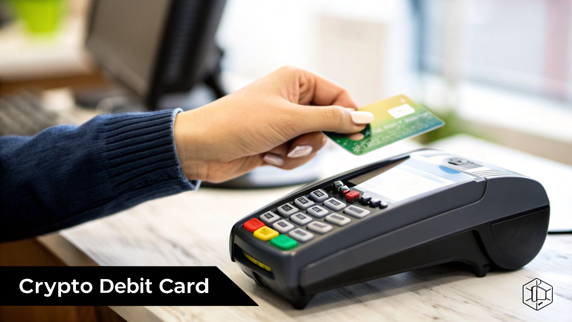 A person holding a crypto debit card next to a point-of-sale terminal