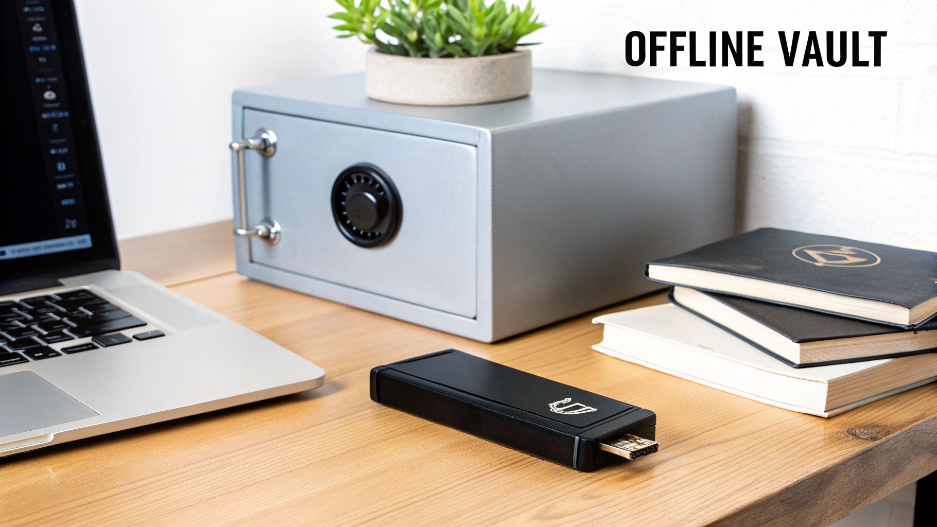 A desk setup featuring a laptop, a secure grey safe, and a black hardware wallet for offline storage.