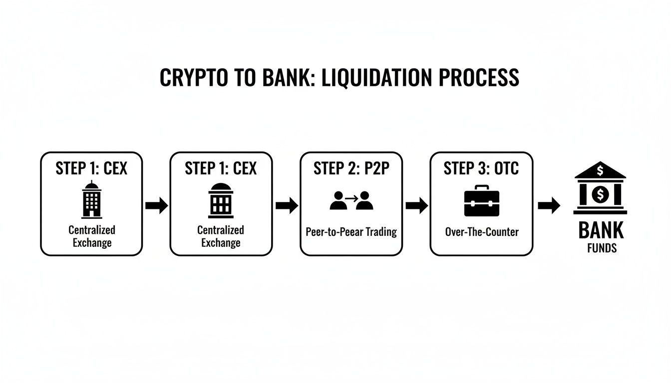 Crypto to bank liquidation process flowchart with steps: CEX, P2P, and OTC trading.