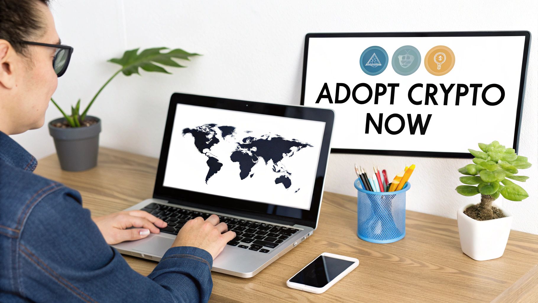 Person working on a laptop displaying a world map, with a sign promoting global cryptocurrency adoption.