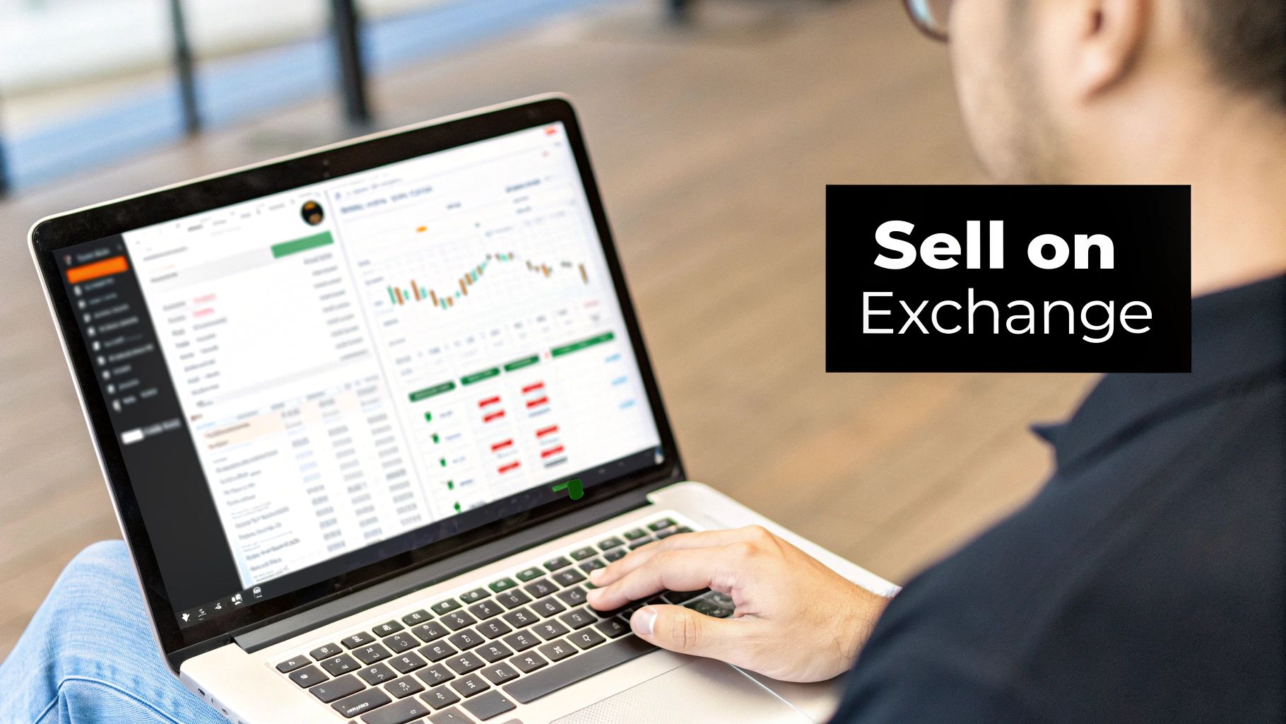 Person using a laptop to manage cryptocurrency on an exchange
