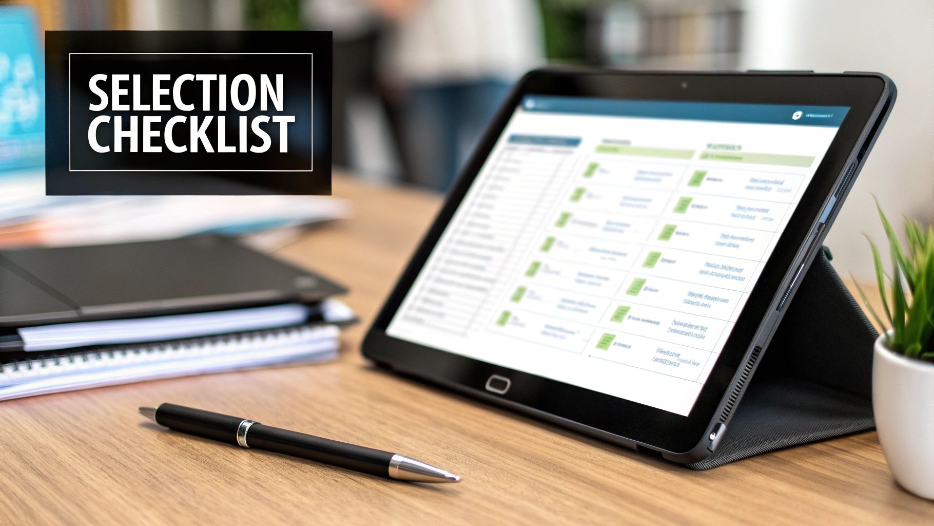 A tablet displaying a selection checklist on an office desk with a pen and notebooks.