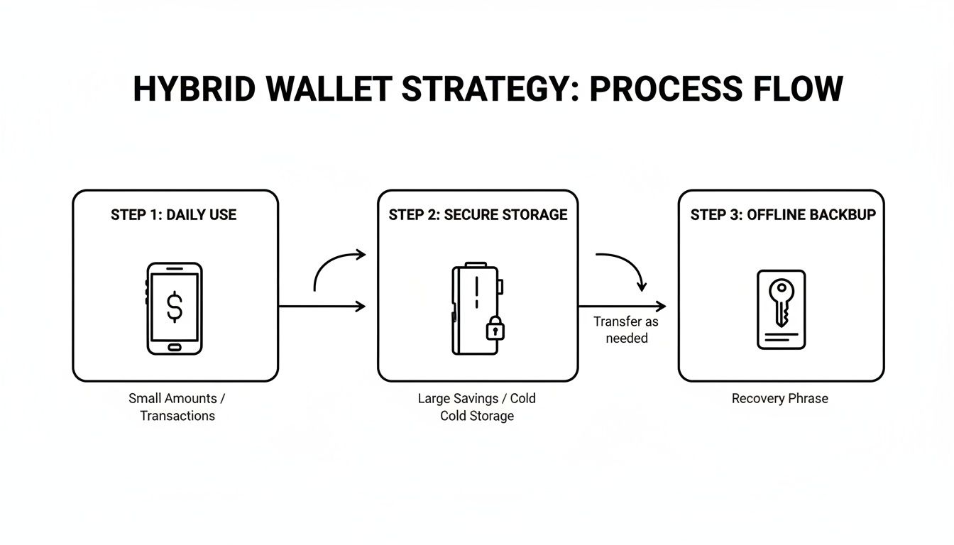 A diagram outlines a hybrid wallet strategy for cryptocurrencies, detailing daily use, secure storage, and offline backup steps.