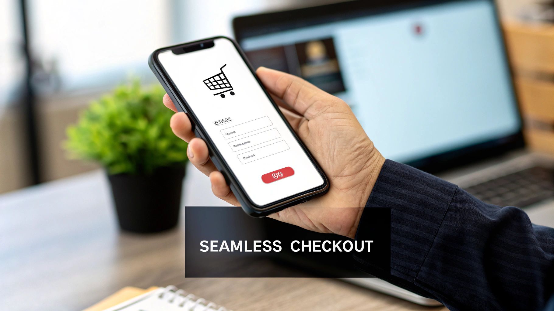 A person holds a smartphone displaying an online checkout screen with a shopping cart icon, emphasizing seamless digital payments.