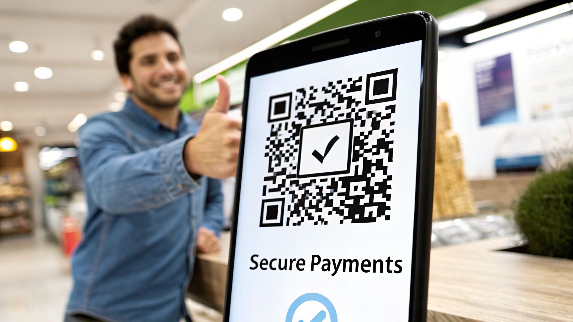 A smiling man gives a thumbs-up as a smartphone displays a QR code for secure payments.