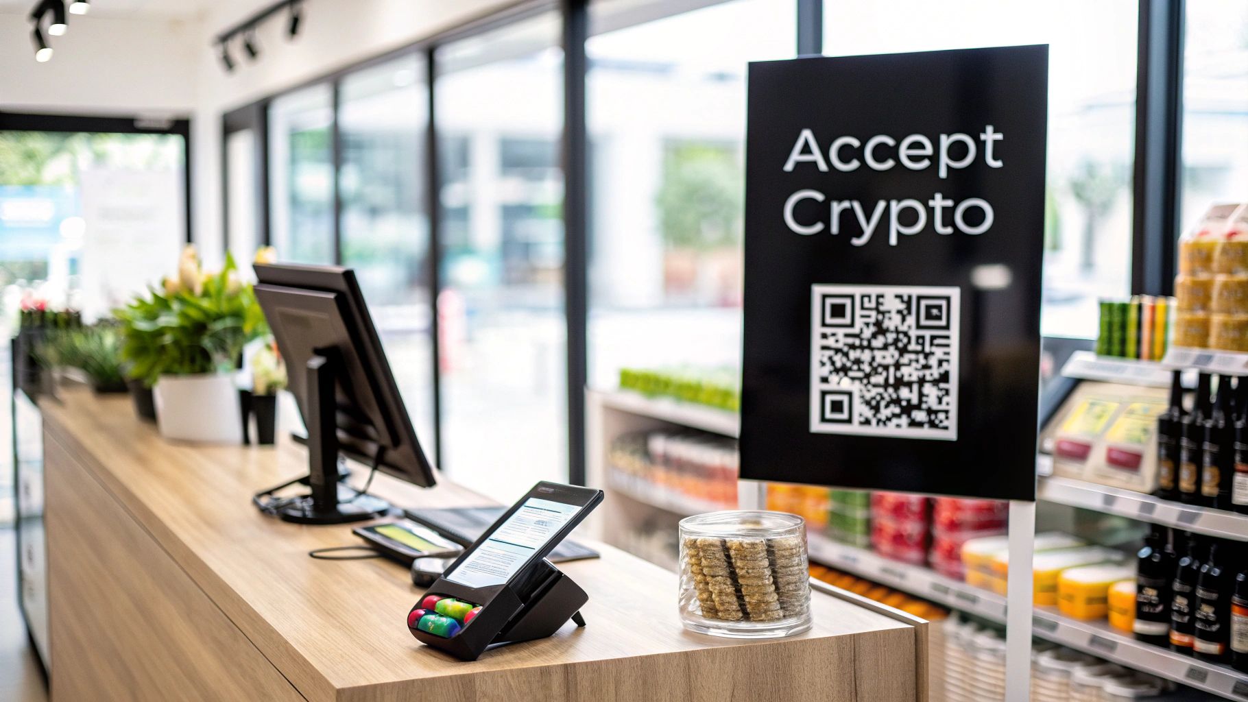 A stylized image showing various cryptocurrency coins and a point-of-sale terminal, symbolizing the integration of digital currency in commerce.