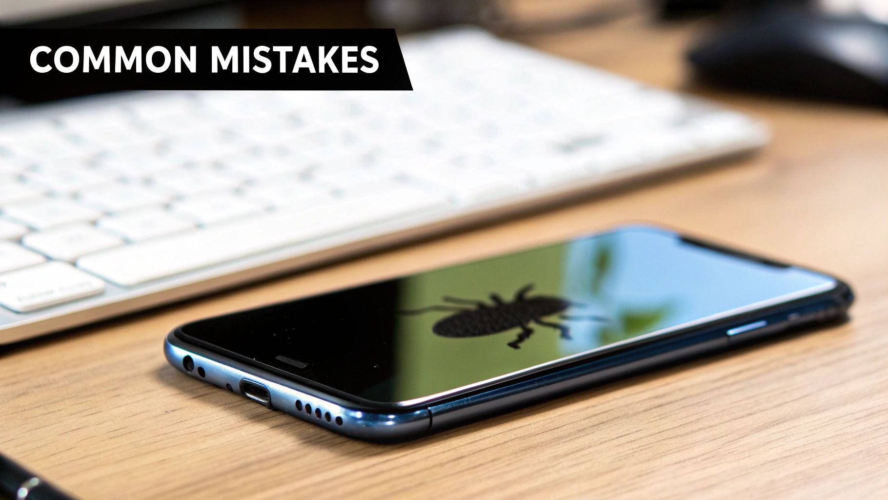 A person looking concerned at their smartphone, which displays a warning symbol over a cryptocurrency wallet interface.