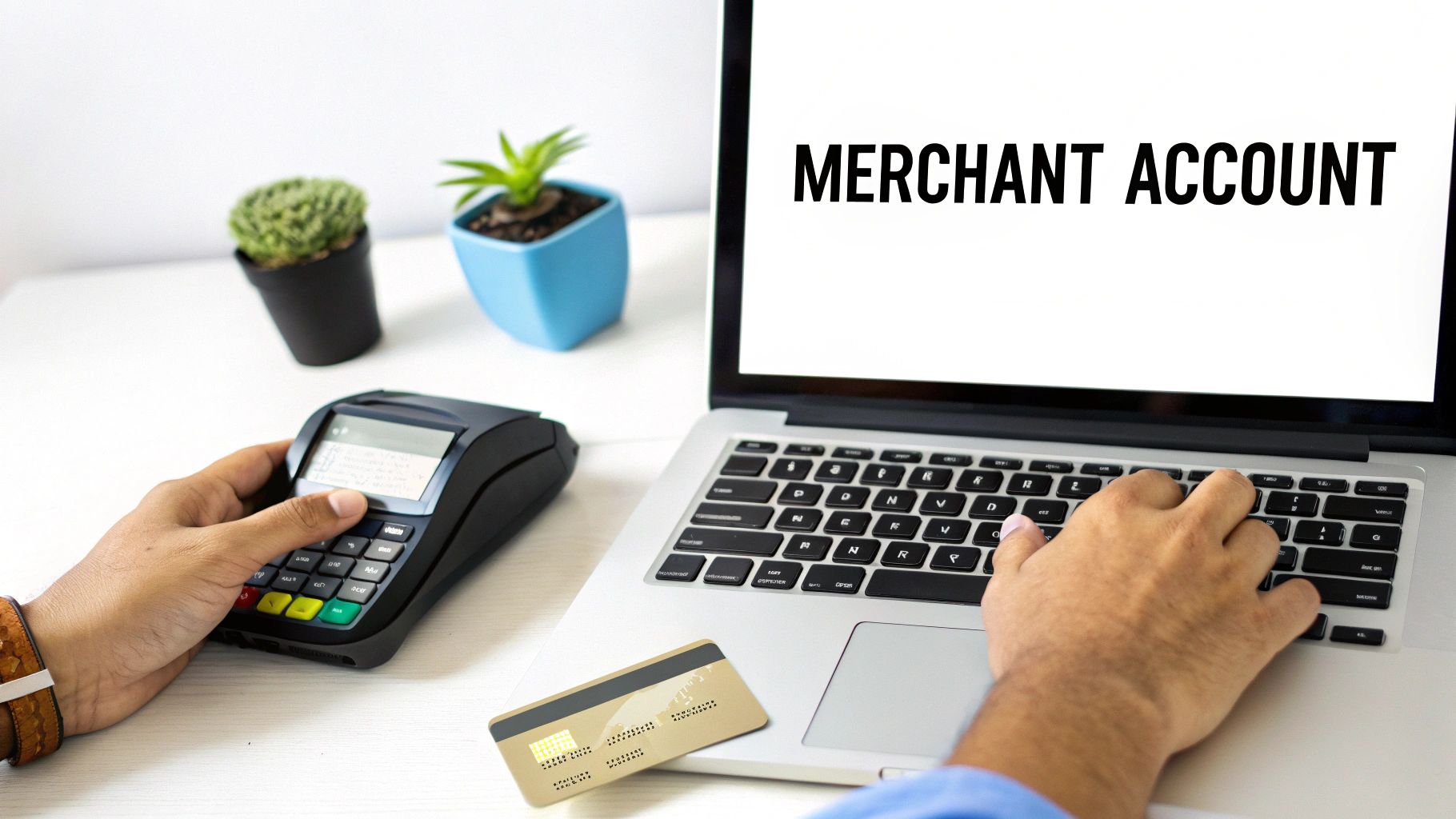 Hands interacting with a POS terminal and laptop displaying 'MERCHANT ACCOUNT', with a credit card.