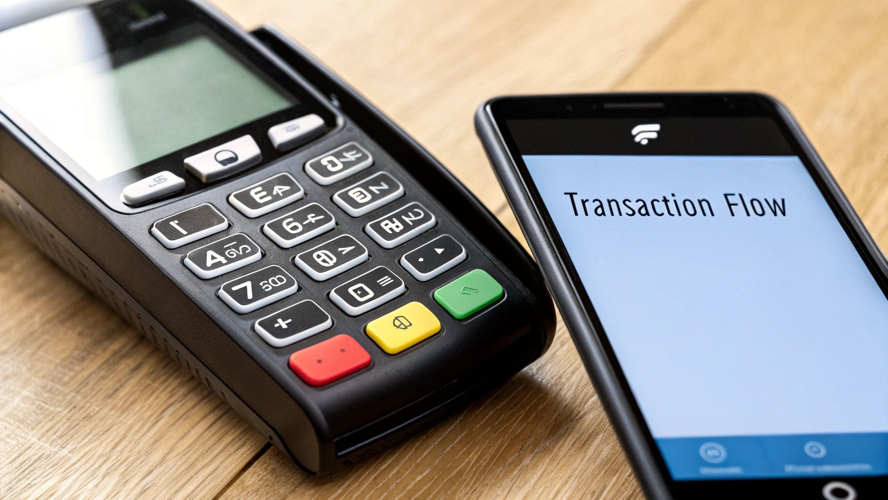 Stylized illustration showing a credit card being swiped through a machine with digital icons flowing from it, representing the payment processing steps.