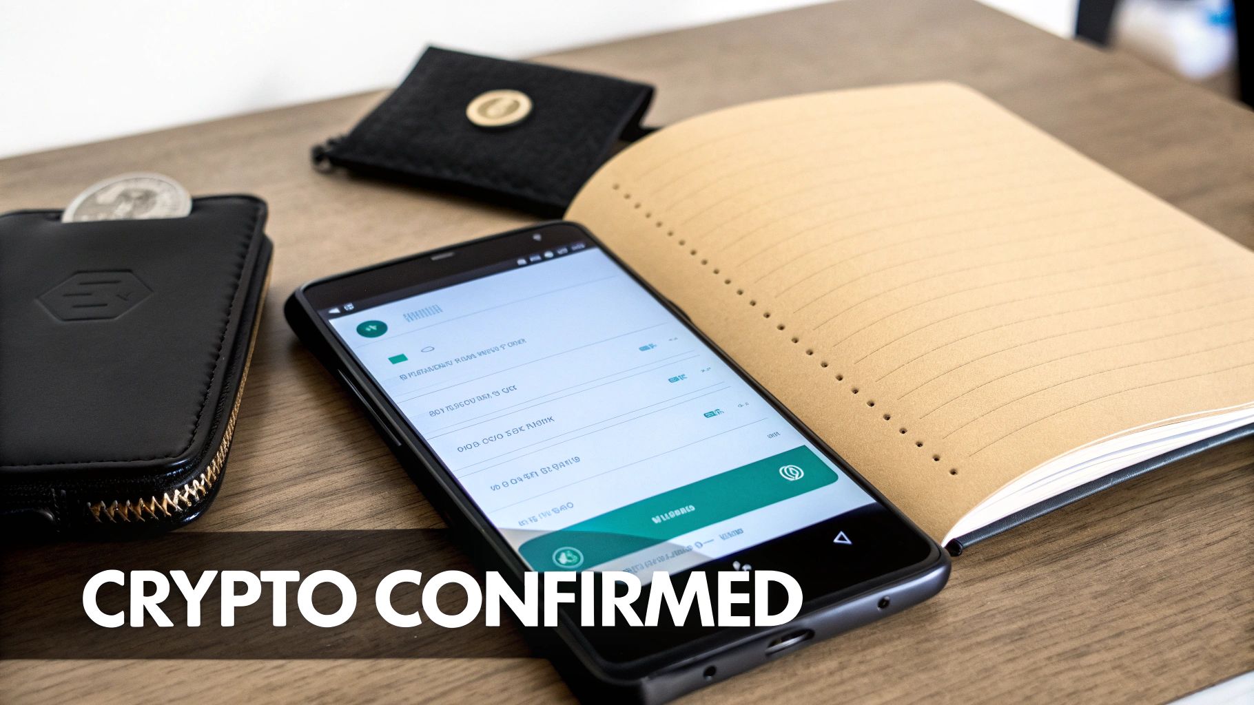 A smartphone displaying a cryptocurrency app, a black wallet, and an open notebook on a wooden desk.