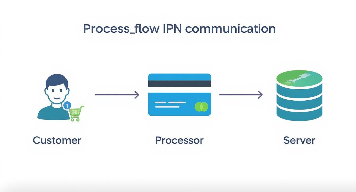 Diagram showing IPN communication flow from customer through payment processor to server database