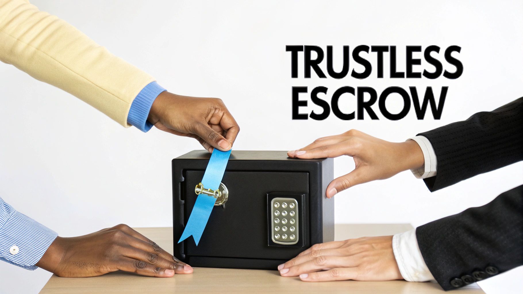 Hands interact with a safe with a blue ribbon, symbolizing a trustless escrow agreement.