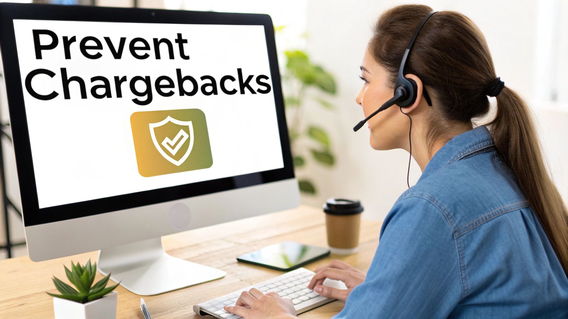 A person with a headset typing on a keyboard, looking at a monitor displaying 'Prevent Chargebacks' with a shield icon.