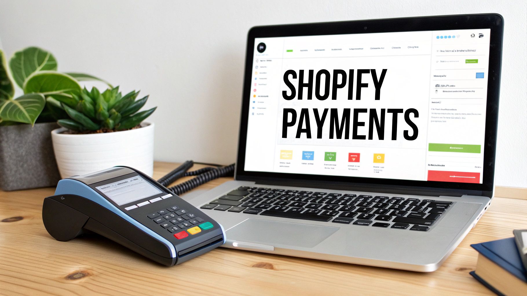 A laptop screen displays 'SHOPIFY PAYMENTS' next to a payment terminal on a wooden desk.