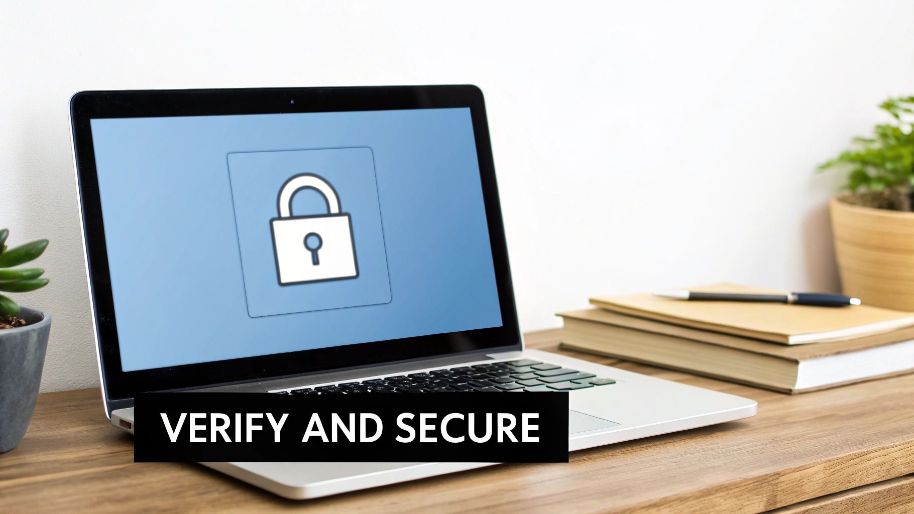 Laptop displaying padlock security icon with verify and secure text on wooden desk
