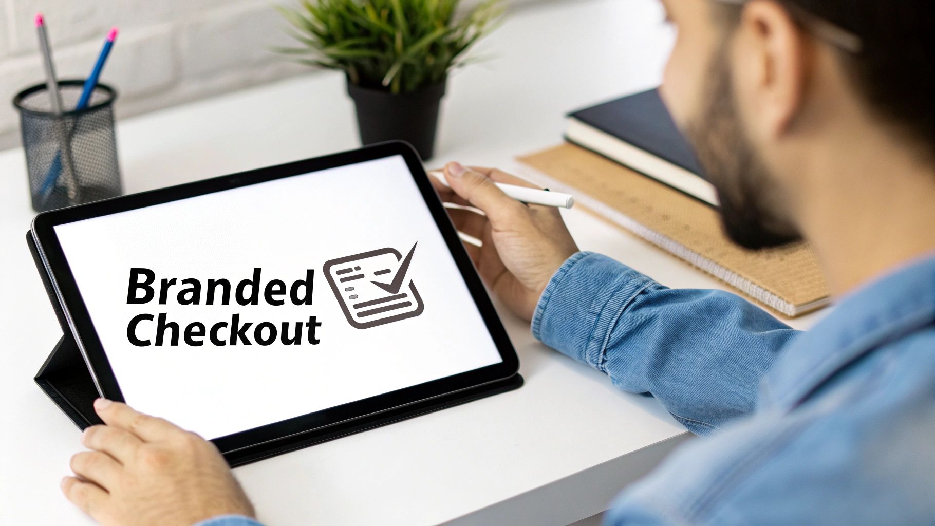 Over-the-shoulder view of a person using a tablet displaying 'Branded Checkout' and a checklist icon.