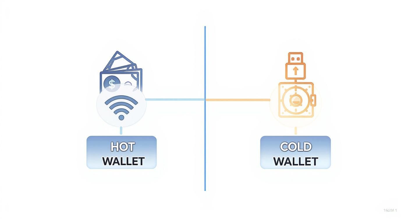 Illustration explaining hot versus cold crypto wallets with symbols for online access and offline storage.