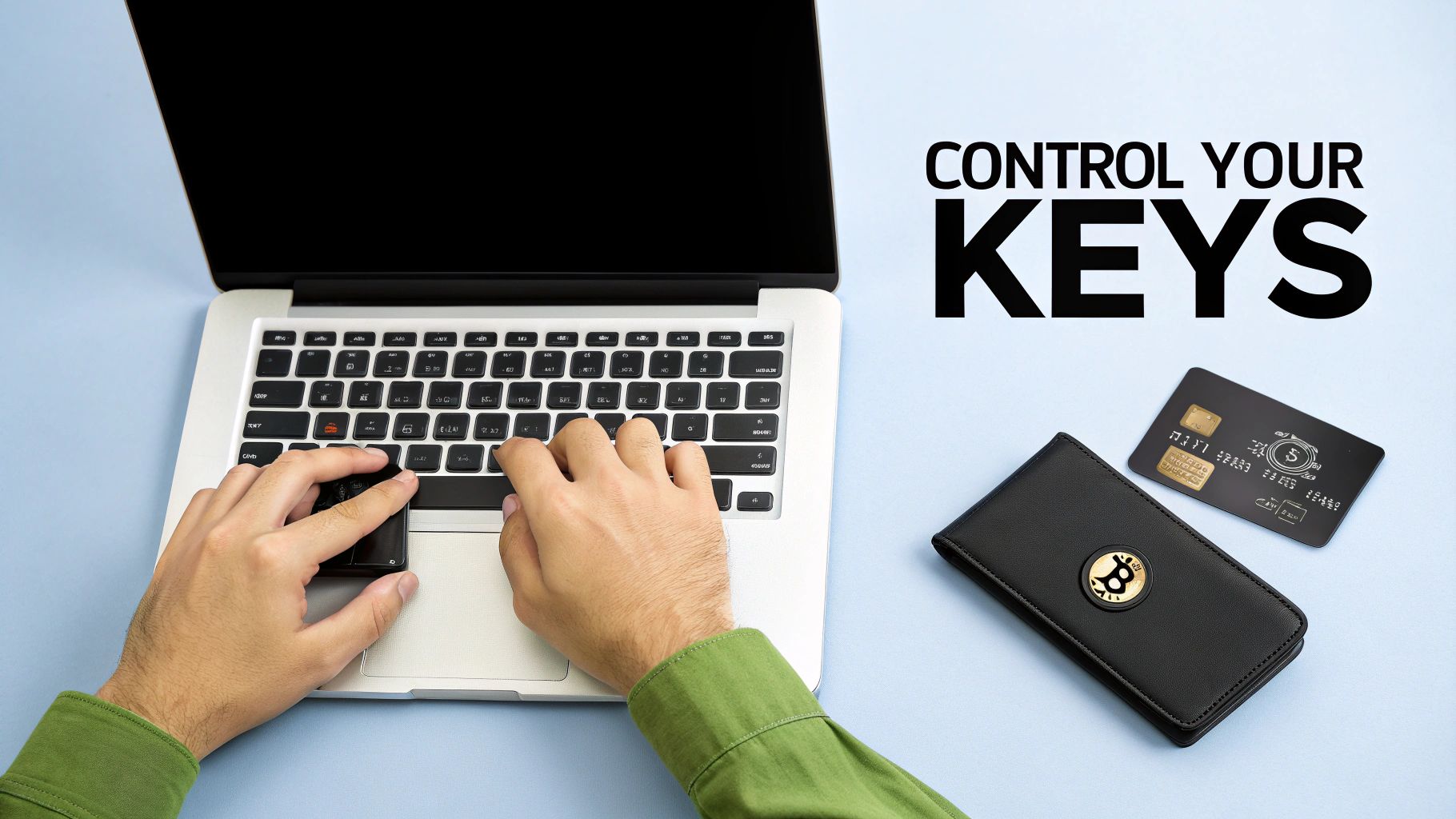 Hands typing on a laptop with a Bitcoin wallet and crypto card, emphasizing digital key control.