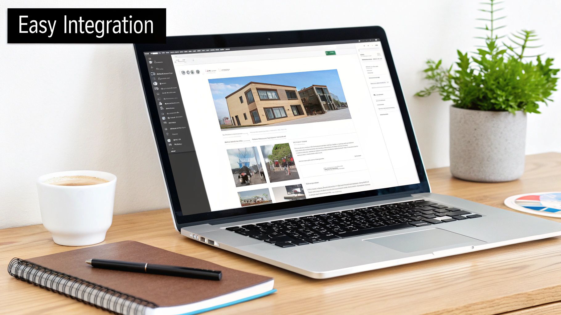 A laptop on a wooden desk with "Easy Integration" text, displaying a website with building images.