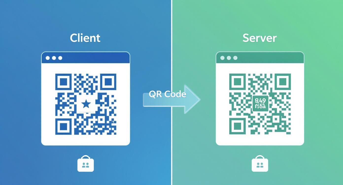 Diagram showing Client and Server exchanging QR codes for secure digital communication.