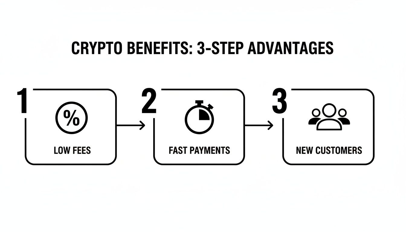 An infographic illustrating three crypto benefits: low fees, fast payments, and new customers.