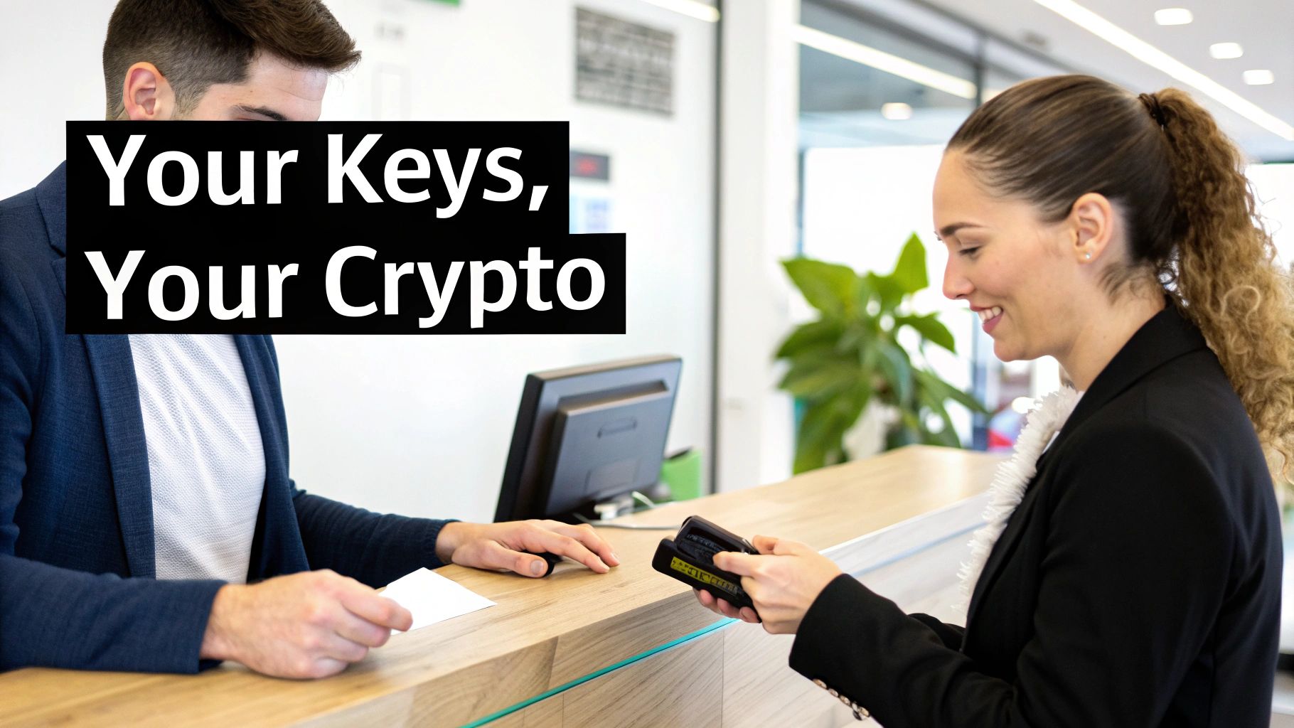 A smiling woman holds a crypto device while a man at a counter looks at paper, with text 'Your Keys, Your Crypto'.