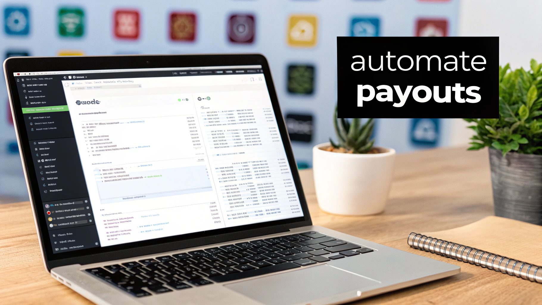 A laptop on a wooden desk displaying financial software, with 'automate payouts' text overlay.