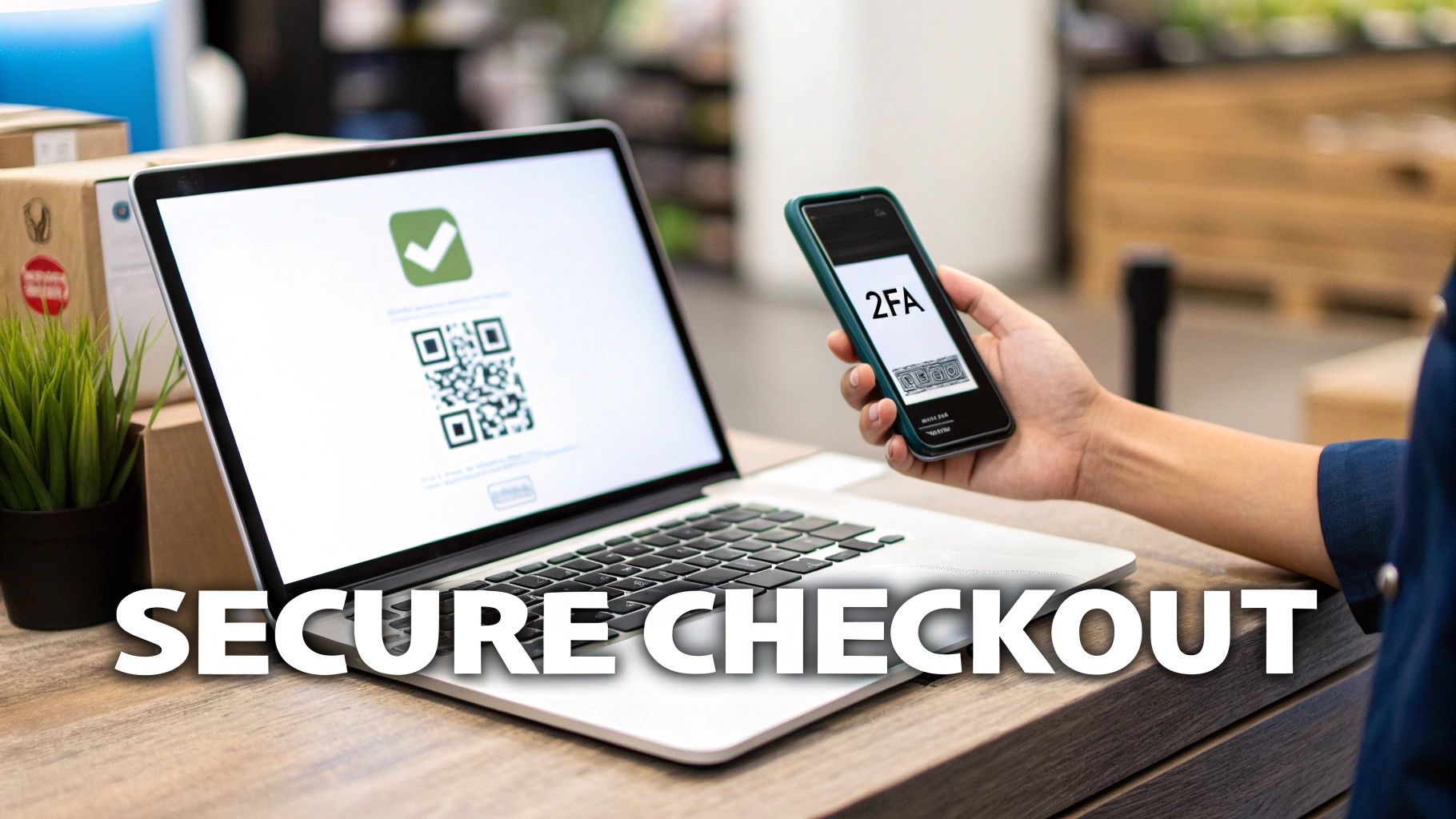 A person uses a smartphone for 2FA authentication with a laptop displaying a QR code for secure checkout.
