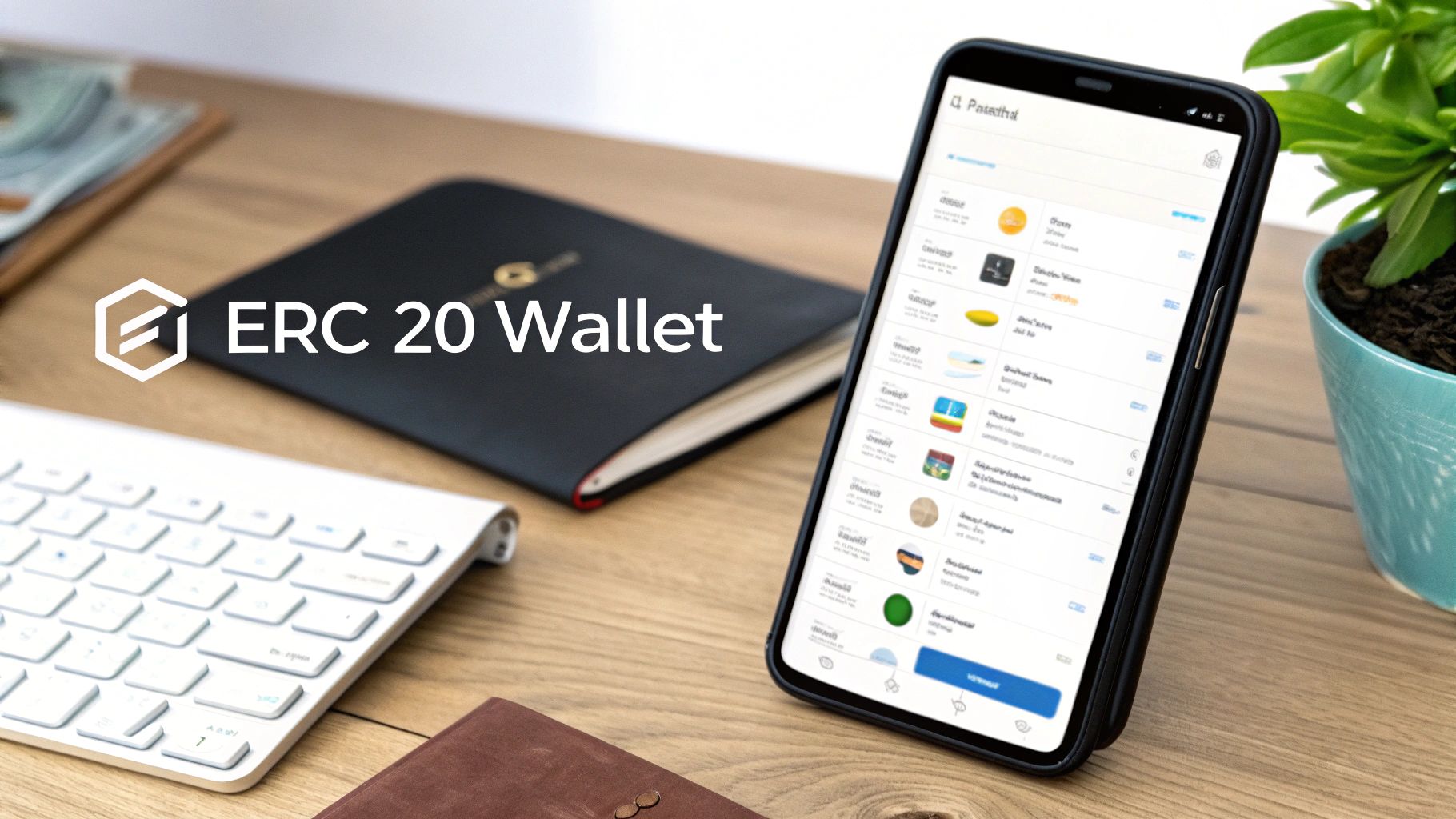 A smartphone displaying an ERC 20 crypto wallet app on a desk with a keyboard and notebook.