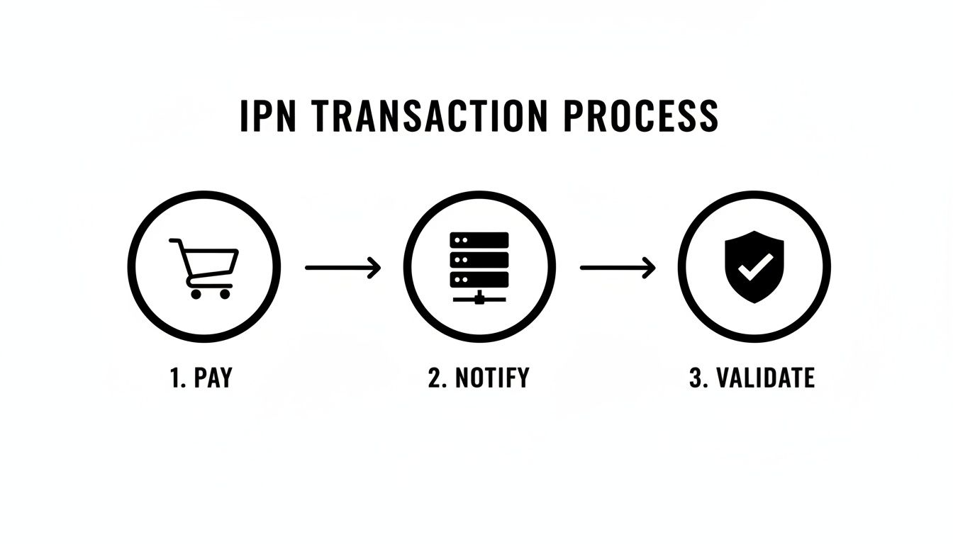 Diagram illustrating the IPN transaction process flow with steps: Pay, Notify, Validate.
