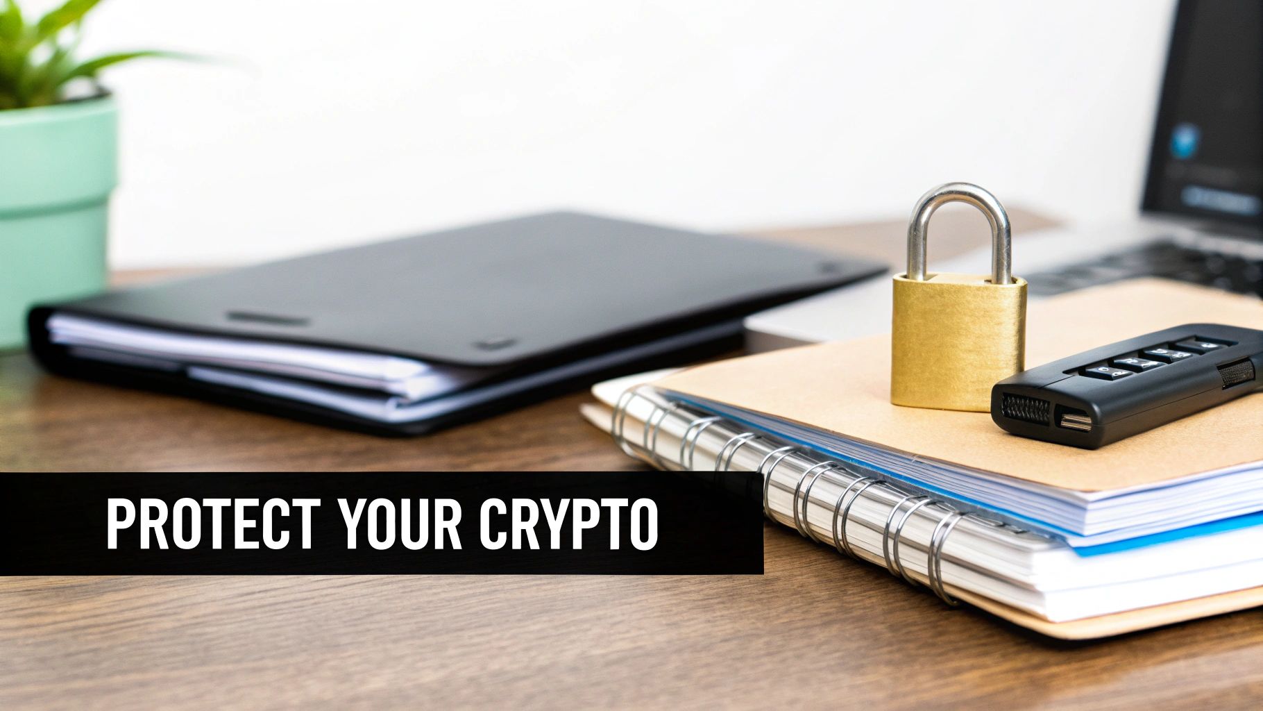 A digital lock icon overlaid on a background of cryptocurrency symbols, representing security.