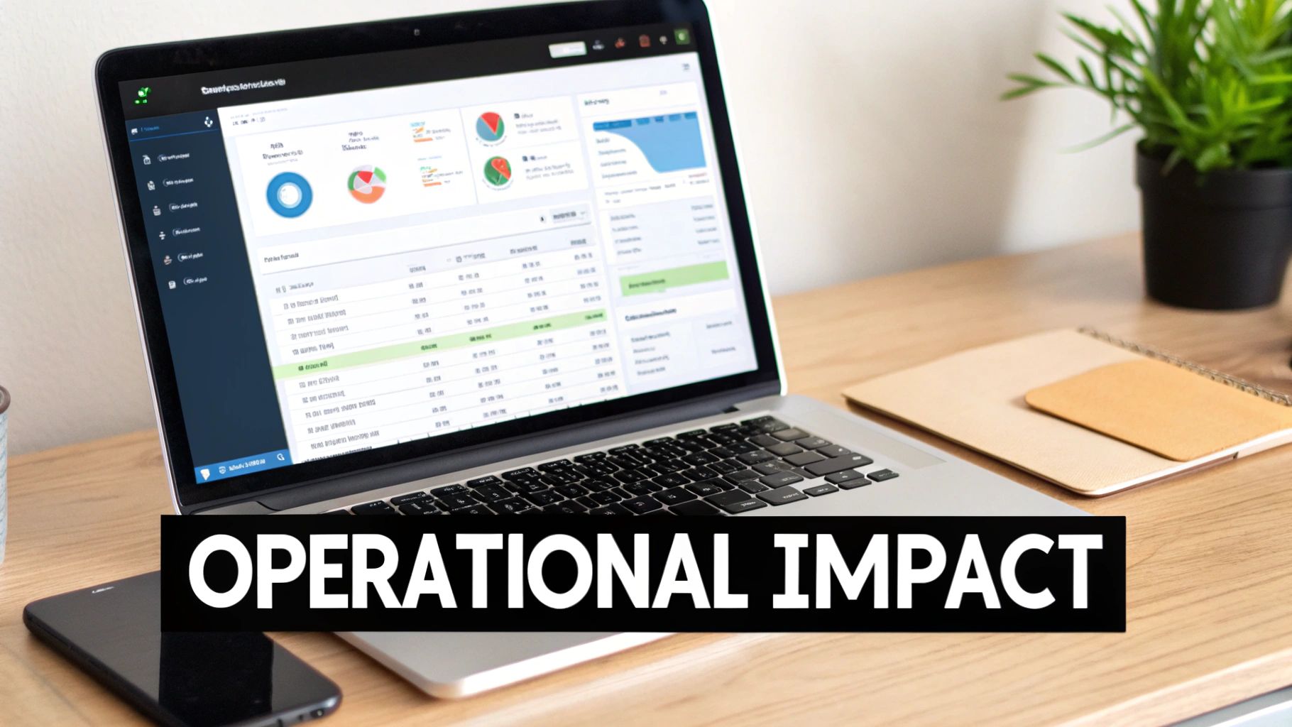 A laptop screen displays a business dashboard with charts and data, next to a smartphone and notebook.