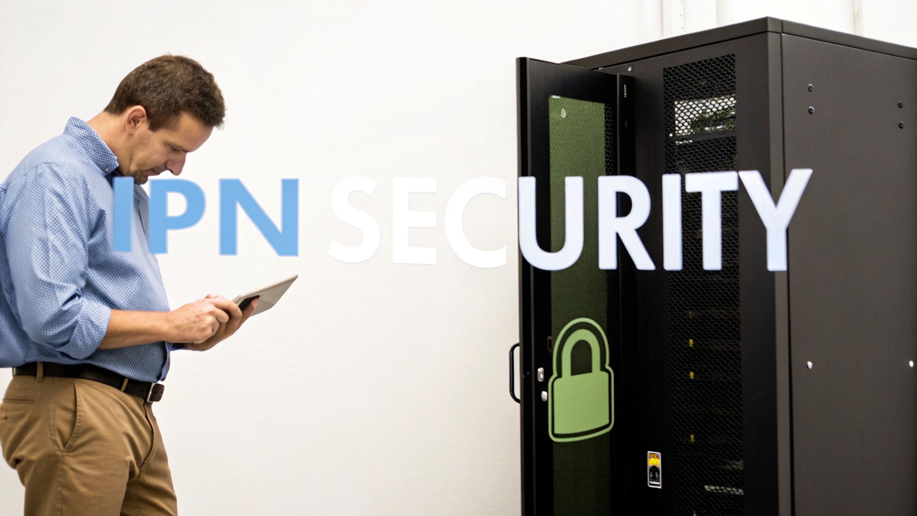 Business professional using tablet near secure server rack with IPN security padlock symbol displayed