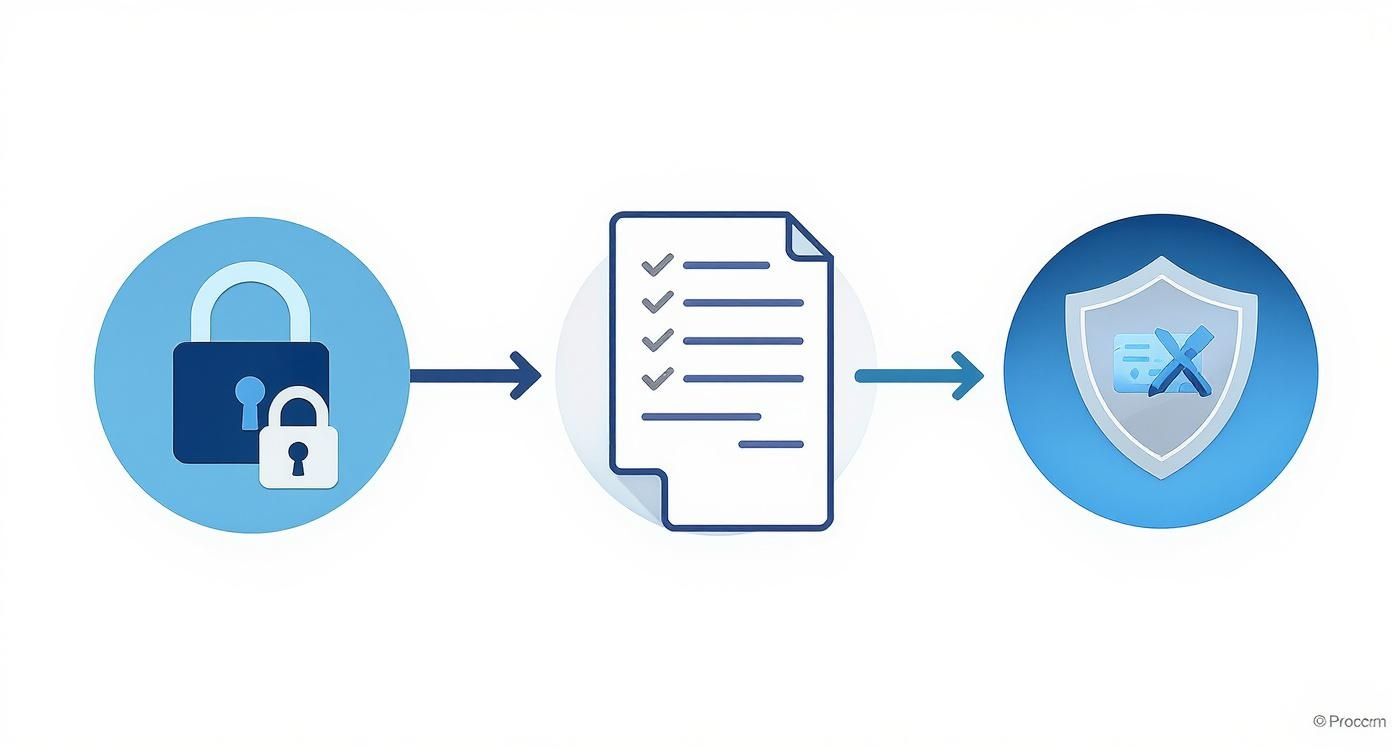 Visual representation of a document security workflow from encryption to protected integrity.