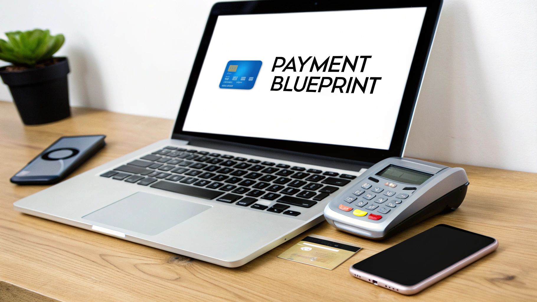 A laptop displaying 'PAYMENT BLUEPRINT' with credit card, POS machine, and smartphones on a wooden desk.